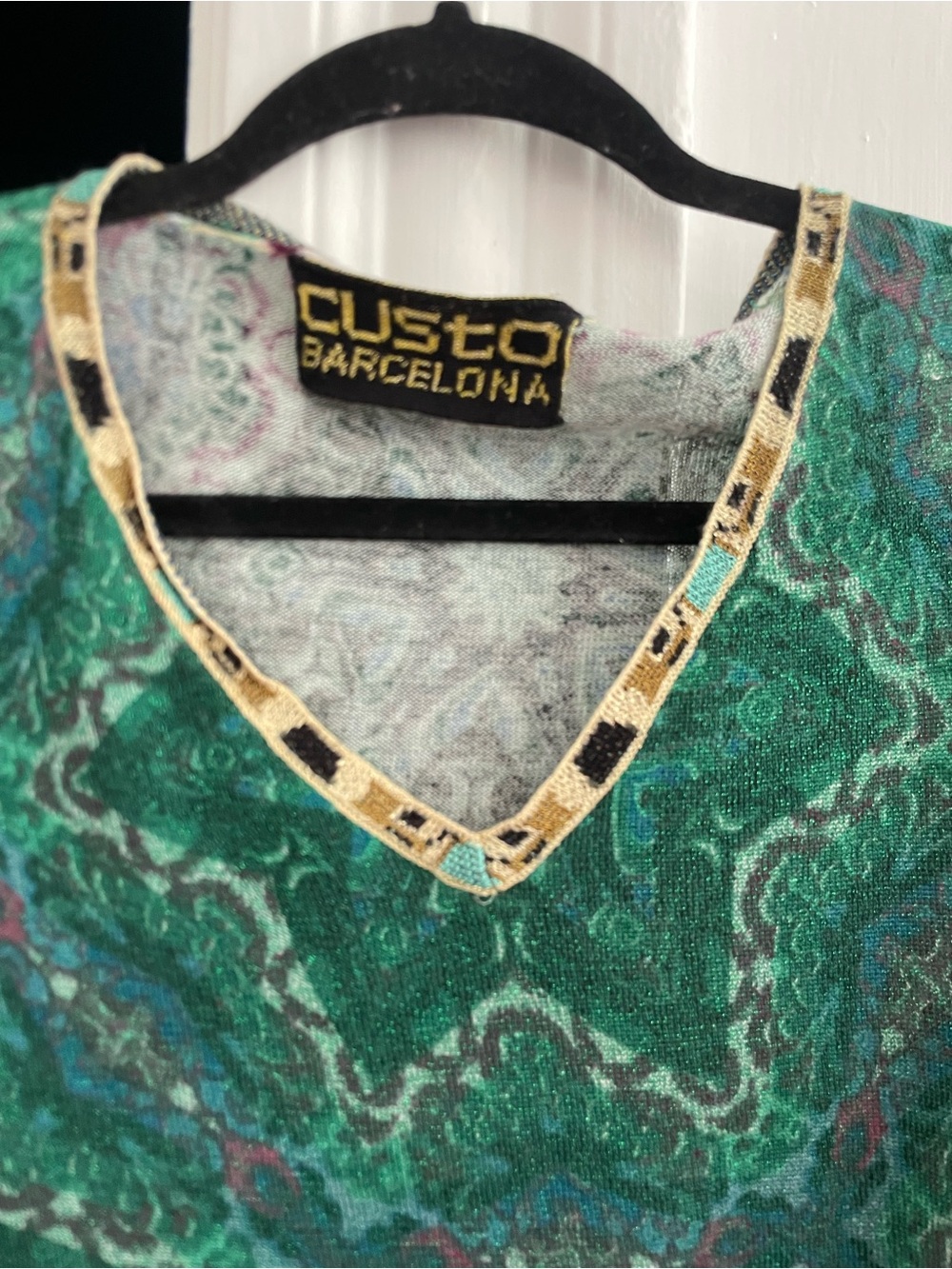 Vintage Custo Barcelona Green V-Neck Tunic with Gold Trim, green sparkle